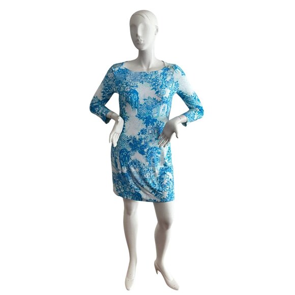 Lilly Pulitzer Blue Toile Me About It Sophie Dress White Long Sleeve UPF 50 L - Picture 2 of 12